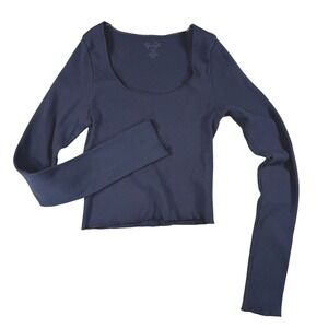 Brandy Melville Navy Blue Ribbed Square Neck Long Sleeve Cropped Top Y2K vibe